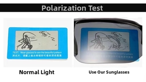 Polarized lens test showing hidden fish pattern on a blue card for cycling sunglasses