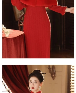 Detail of red faux fur shawl and matching cheongsam dress fabric texture for formal wear