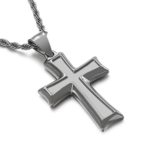 Polished silver stainless steel cross pendant necklace with a twisted rope chain design