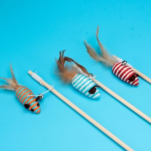 Interactive wooden cat wand with colorful woven mice feathers and small bells for pet play