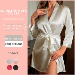 Peignoir En Satin Pour Femmes Imitation Satin Col En V Court Pyjama Vêtement De Nuit Style Kimono