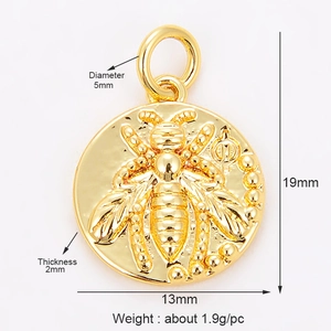 Golden bee round charm pendant for DIY jewelry making with dimensions and 1.9g weight