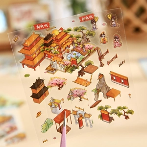 Chinese mythology scenery stickers with transparent PET architecture and cute characters