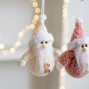 Plush Santa Claus ornaments in cream and pink faux fur with rustic wood buttons