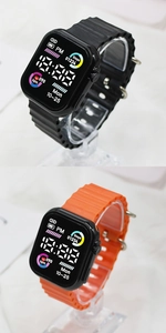 Vertical display showing black and orange silicone strap sport watches with LED display