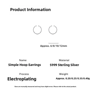 Detailed size chart of S999 sterling silver hoop earrings in 6mm to 12mm diameters