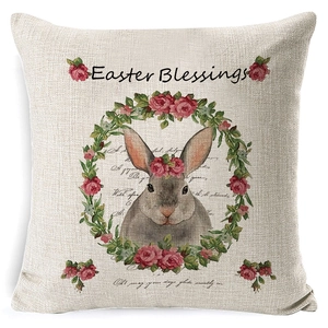 Easter Blessings pillow cover featuring a cute bunny with floral wreath on beige linen