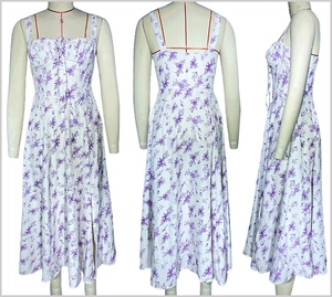 Three-way view of purple floral slip dress with side slit and waist-cinching detail