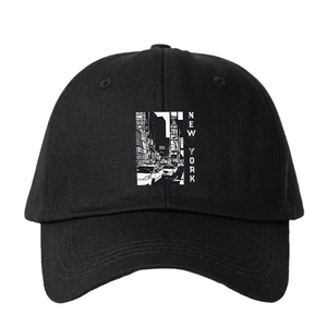 Classic black New York City print baseball cap with Times Square graphic and cotton canvas material