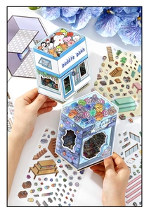 Macro view of 2.5D miniature building scene stickers with cute DIY paper models