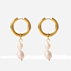 French Vintage Baroque Freshwater Pearl Hoop Earrings 18K Gold Plated Stainless Steel Retro Style Jewelry For Women