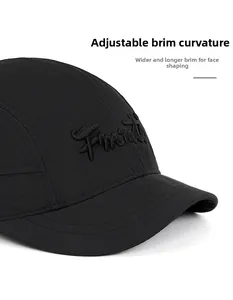 Macro detail of breathable ripstop fabric and 3D embroidery on black baseball cap