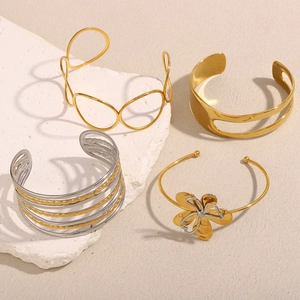 Stainless Steel Bangle 18K Gold Plated Layered Geometric Hollow Flower Open Cuff Adjustable Fashion Jewelry For Women