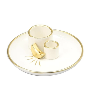 Weiß-goldenes Keramik-Räucherset mit Tablett für Palo Santo und Salbei-Bündel