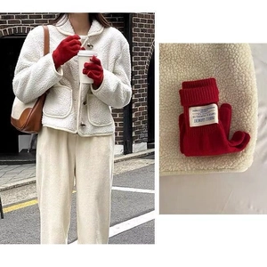 Red wool knit long gloves for women, windproof thermal outdoor style with woven label