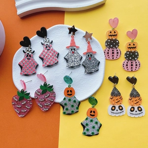 Halloween Acrylic Earrings Cute Ghost Pumpkin Skull Strawberry Relief Print Glitter Dangle Earrings For Women Girls Party