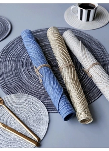 Detail of multi-color woven round placemats showing texture and heat resistance