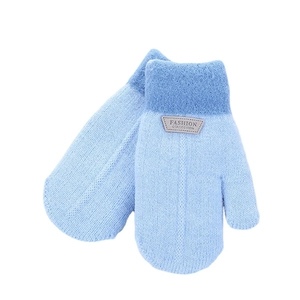 Thick light blue striped knit gloves for kids with fleece lining and leather fashion label