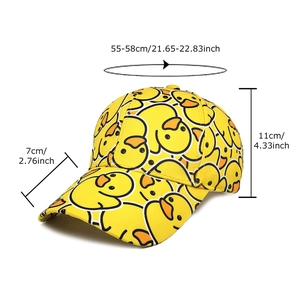 Yellow cartoon duck print baseball hat showing precise measurements and dimensions