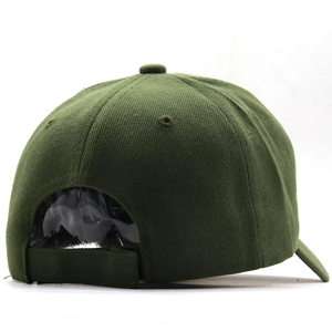 Rear view of army green cotton baseball cap with adjustable strap and buckle closure