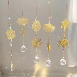 Crystal Suncatcher Prism Metal Leaf Hanging Ornament Rainbow Maker For Window Home Garden Decor Gold Tone