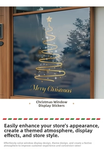 Close-up of golden spiral Christmas tree window sticker with Merry Christmas text