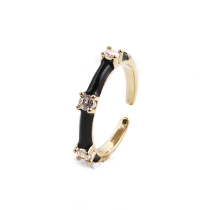 Golden open ring with black enamel finish and three sparkling round zircon stones