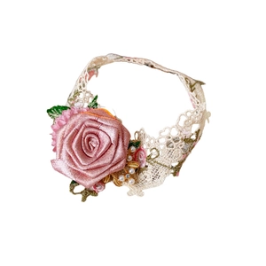 Baby lace headband with large pink ribbon rose, golden leaves and tiny pearls on white