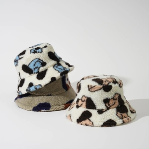 Bucket Hat Faux Lamb Wool Warm Winter Plush Fisherman Cap Cute Animal Pattern For Men And Women Soft Windproof Basin Hat