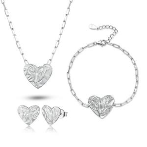 925 sterling silver jewelry set featuring wrinkled heart necklace, bracelet, and earrings