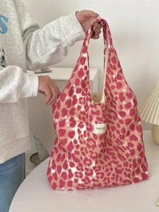 Pink leopard print tote bag for women, large capacity canvas shoulder bag for daily use