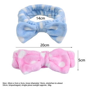 Detailed dimensions of plush bow headbands for washing face in blue and pink polka dots