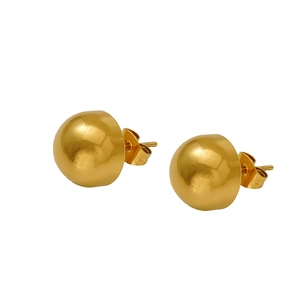 Pair of shiny golden hemispherical stainless steel stud earrings on a white background