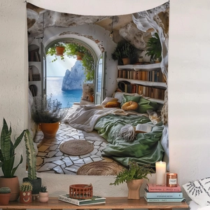 Detail showing Bohemian Mediterranean landscape tapestry hung on a white wall above plants
