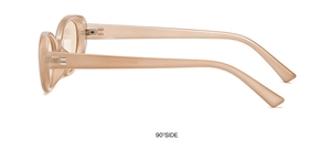 Detail view of the tea brown oval sunglasses frame with metal hinges and integrated nose pads