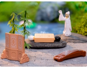 Miniature ancient Chinese garden set with scholar statue, guqin, and screen for bonsai decor