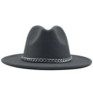 Detail of dark grey felt Panama hat featuring a stylish silver metal chain band trim
