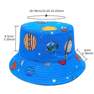 Blue planet print bucket hat with stars and sun patterns for sun protection