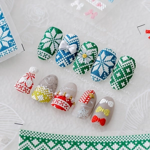 3D-Geprägte Weihnachts-Nagelaufkleber mit Stricktextur und Schneeflocken-Design