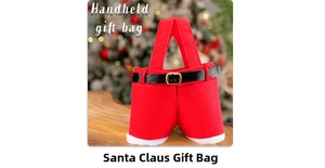 Macro detail of Santa Claus pants gift bag with black belt and white fur trim