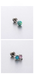 Detail of titanium steel flat back ear studs with green opal and colorful zircon stones