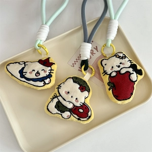 Detailed embroidery of cute cartoon cat plush charms with colorful lanyards and keyrings