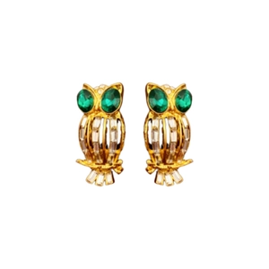 Vintage owl earrings with green oval crystal eyes and gold metal hollow design