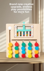 Detailed macro view of the Montessori wooden logic puzzle with colorful beads and sliders