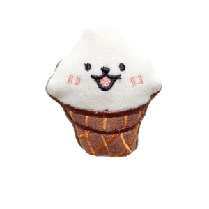 Cute plush ice cream cone toy with embroidered smiley face and waffle pattern detail