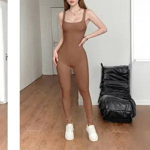 Damen Ärmellos Rippstrick Jumpsuit Eng Anliegend Hohe Taille Sportlich Yoga Bodysuit Lässiger Einteiler Langer Romper