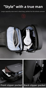 Detail of waterproof men's crossbody bag featuring secure code lock and spacious compartments