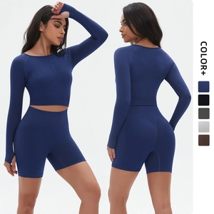 Damen Nahtloses Yoga Set Langarm Crop Top Und High Waist Radlerhose Top And Bottom Workout Sportbekleidung Fitness Wear