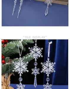 Close-up of 185mm acrylic snowflake and icicle pendant set on a festive Christmas tree