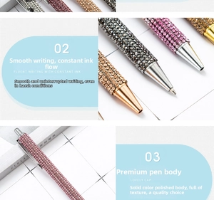Macro detail of luxury crystal encrusted ballpoint pens in pink and gold finishes